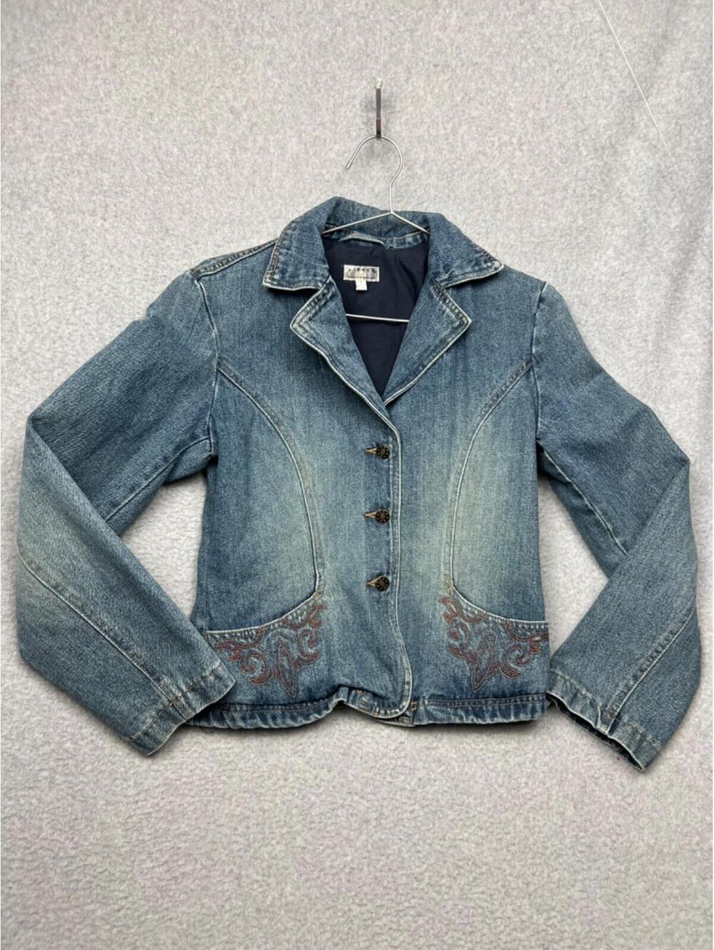Vtg Giacca Jean Jacket Women Small Blue Embroidered Western Faded Tailored Denim